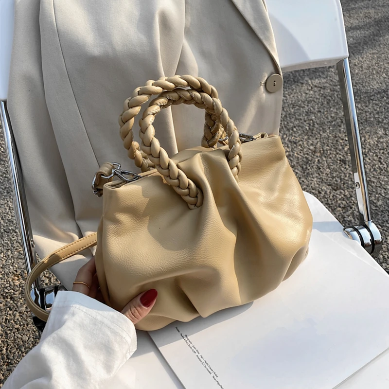

Burminsa Braided Short Handle Small Tote Handbags For Women Brand Designer Folds Basket Soft Ladies Shoulder Crossbody Bags 2021