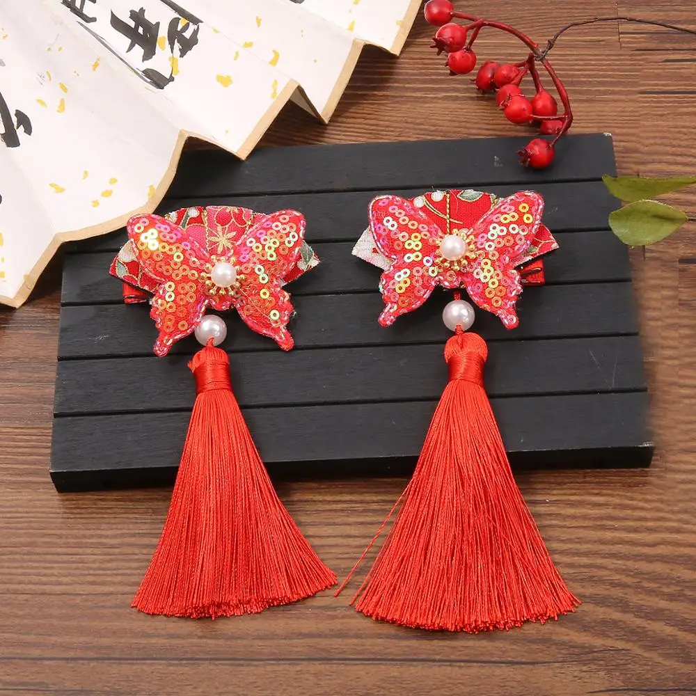 2 Pieces / Bag Tassel Hair Clip Red Headband Happy New Year Hairpin Handmade Fashion Accessories Bow |