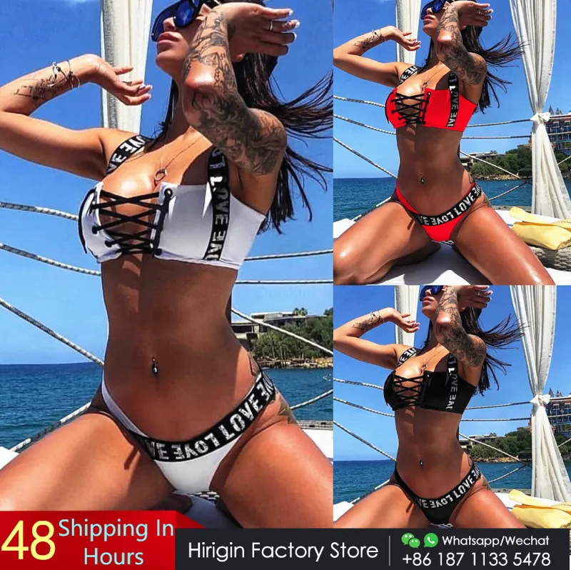 Hirigin 2019 новые с принтом букв бикини Женская повязка купальники лето пикантные