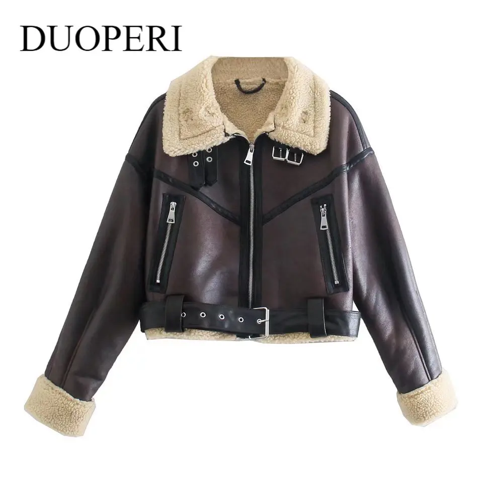 

DUOPERI Women Fashion Double-Faced Jacket Long Sleeves Lapel Collar Faux Shearling Detail Casual Female Bomber Jacket Winter