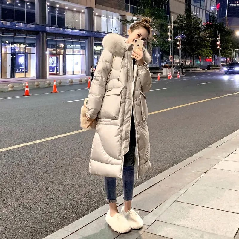 

Women 2021 Winter Warm Cotton Hooded Down Parkas Lady Casual Big Fur Collar Jacket Female Mid-long White Duck Down Outwear C59