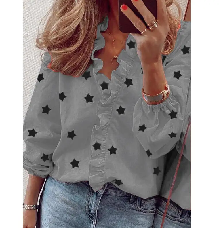 Женская офисная блузка в горошек с длинным рукавом и оборками привлекательный