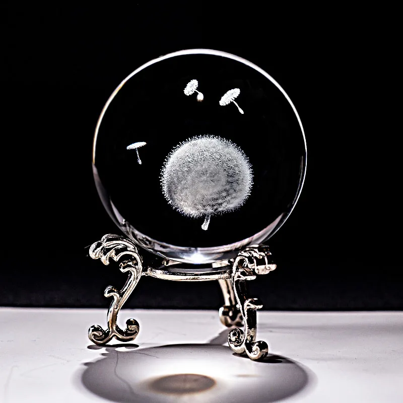 Bola De Cristal 3D grabada con láser, diente De león, esfera De Cristal en miniatura, adorno decorativo para el hogar, artesanía, regalos