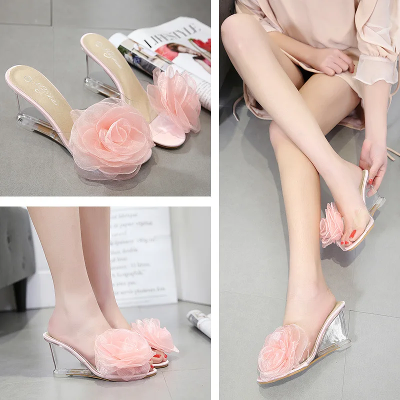 Женские прозрачные шлепанцы с кристаллами на высоком каблуке|Женские туфли| |