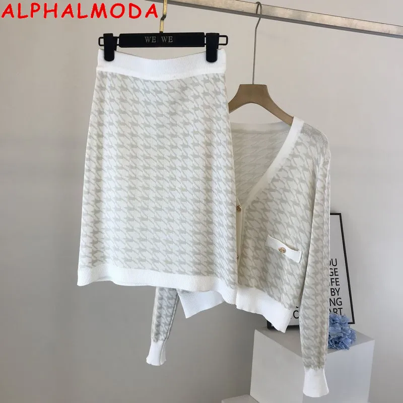 

ALPHALMODA 2021 Autumn V-neck Long-sleeved Knitted Cardigan + Skirts Women 2pcs Elegant 2pcs Suit OL Fashion Clothes Set