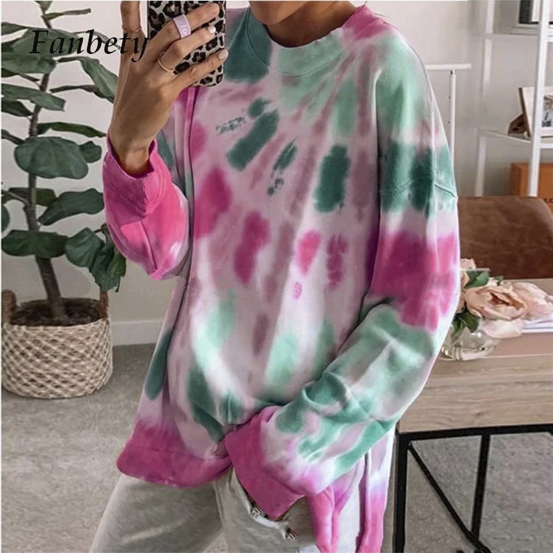 

Casual Women Tie Dye Long Sleeve Hoodie Sweatshirt Female Spring Autumn Streetwear Pullover Tops Loose Oversized Sweatshirt 5XL