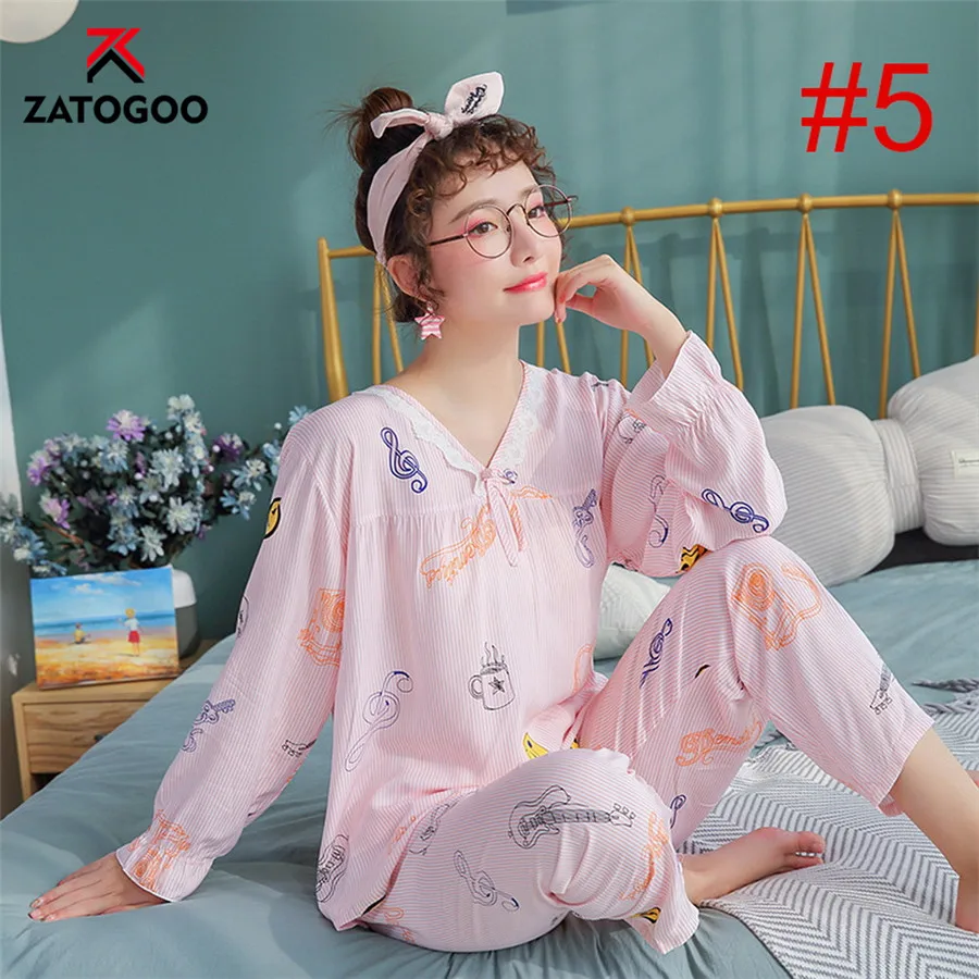 Pattern 5 Осенний тонкий домашний костюм мультфильм Женская пижама с длинным рукавом Цветочный костюм домашний женский милый мягкий удобный пижамный комплект розовый синий - Цвет: Pattern 5