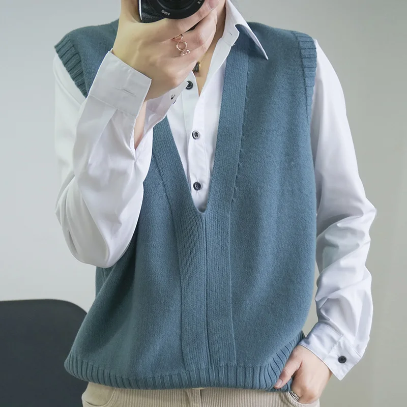 

Snaoutofit Fall/Winter 2021 100% Cotton Knitted Vest Ladies V-neck Sleeveless Loose Thick Vest Top High Quality Hot Sale