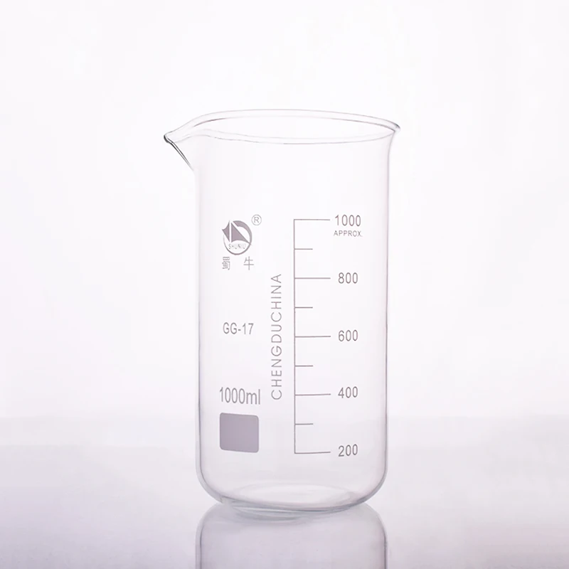 Beaker in tall form,Capacity 1000ml,Outer diameter=98mm,Height=198mm,Laboratory beaker