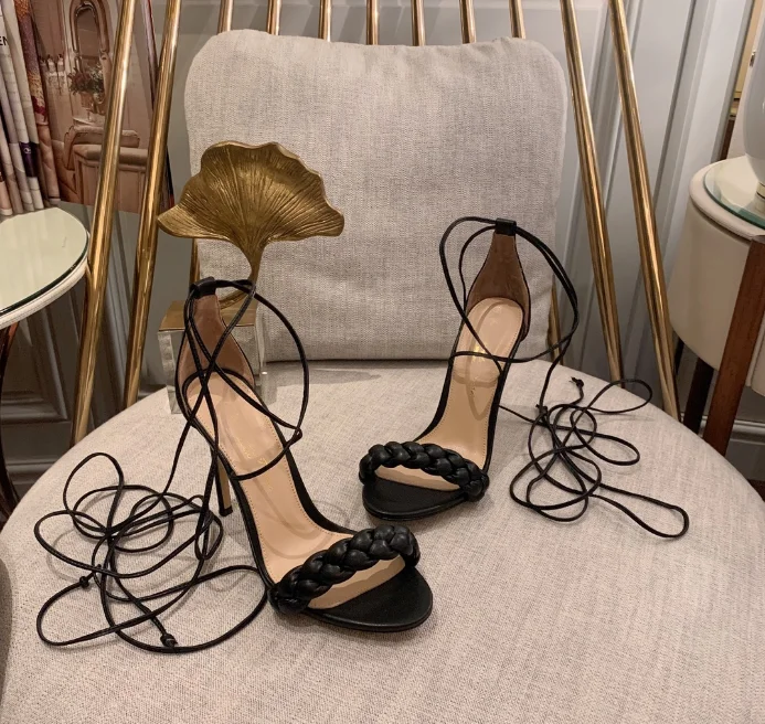 Jual Sandal Renda Tenun Stiletto Elegan Musim Panas 2021 Sandal Hak Tinggi Jari Terbuka Ujung Bundar Mode Baru
