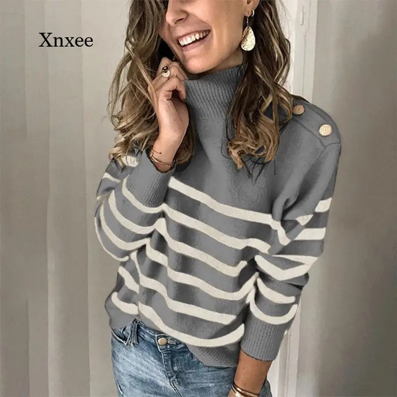 

Long Sleeve Sweater Striped Knit Button Women Pullover Female Jumper Fall Winter Turtleneck Sexy Sweaters Fashion Clothing