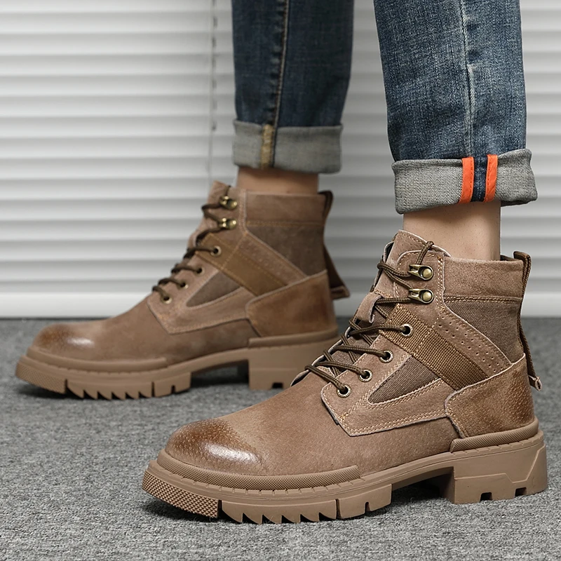 

Yomior New Autumn Winter Vintage British Men Boots Real Leather Snow Warm Plush Ankle Boots Lace-Up Tooling Military Desert Boot