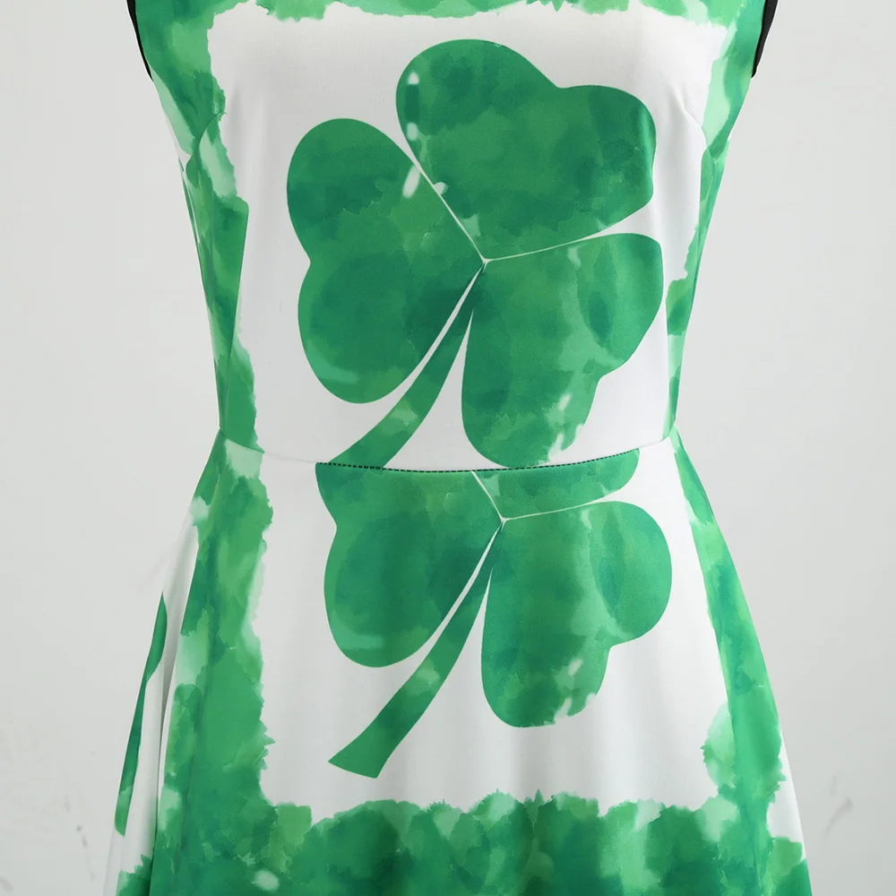 

Sale Vintage Lace Dress Women Green Leaf Print Casual Sleeveless Party Rockabilly Vestido Fashion A Line Retro Dresses Summer