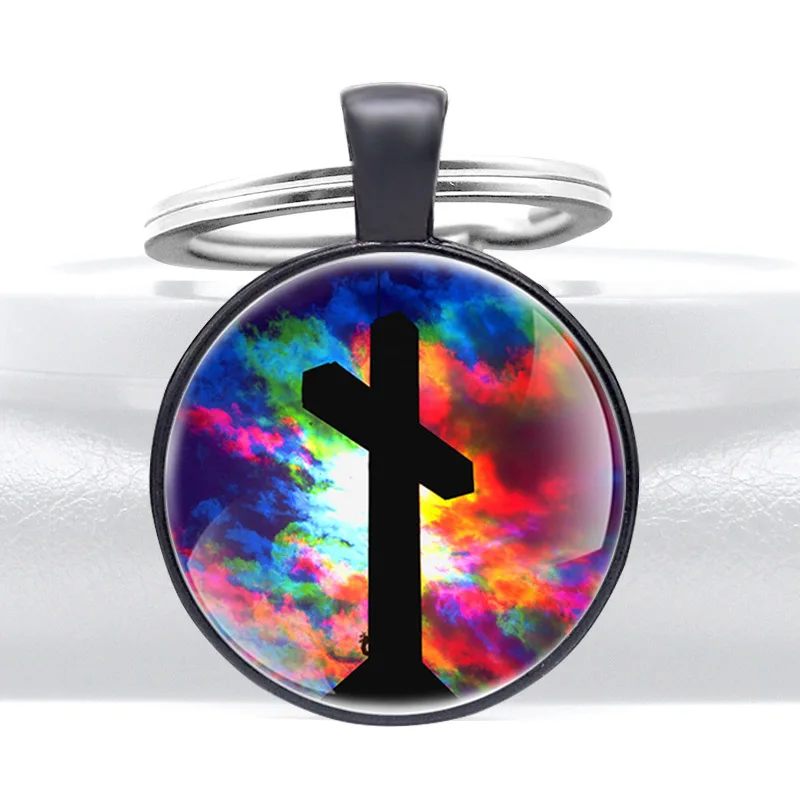 

New Arrivals Cross Color Cloud Pattern Glass Dome Key Chain Key Ring Decoration Jewelry Gift