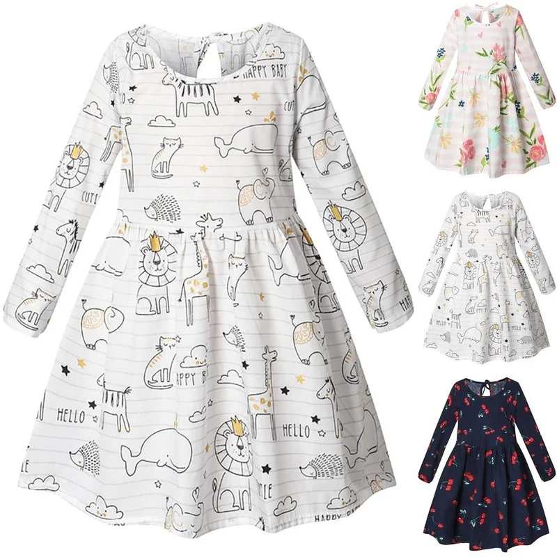 

Kawaii Printed Kids Girls Long Sleeve Princess Dresses Floral Swing Party Prom Dresses