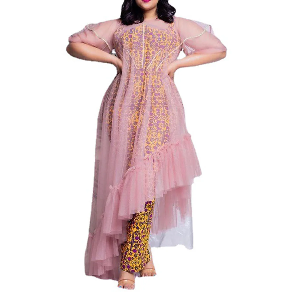

Women Pink Dress 2021 Summer Spring Fashion Asymmetric Falbala Transparent Vestidos Female Elegant Ruffles Long Party Dresses