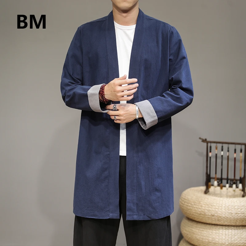Длинное пальто в китайском стиле из хлопка и льна Мужская одежда свободная