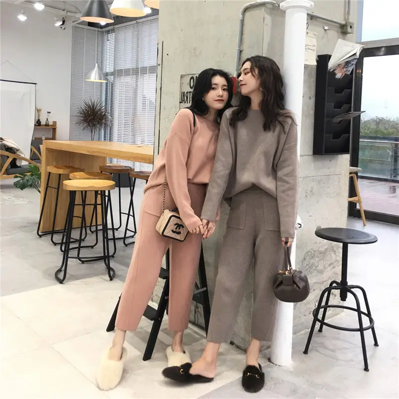 

Autumn Spring Wool Knitted Tracksuit O-neck Sweatshirt Women Suit Clothing 2 Piece Set Knit Pant Female Pants Suit Sweater f1382