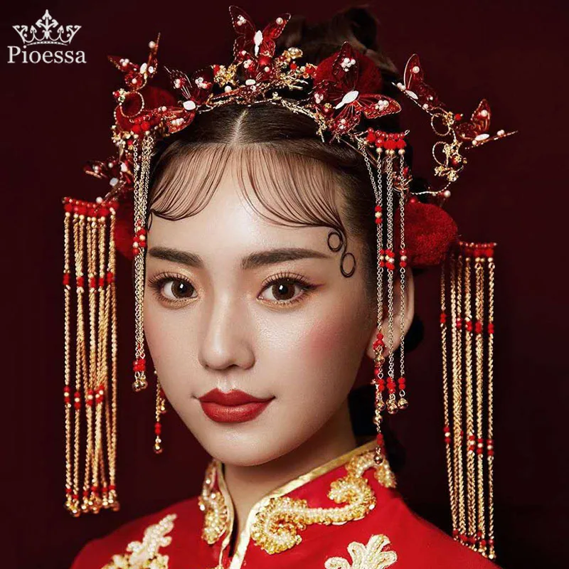 

New Vintage Chinese Red Butterfly Wedding Queen Coronet Crown Costume Bridal Hairpins Tassels Head Jewelry Wedding Accessories