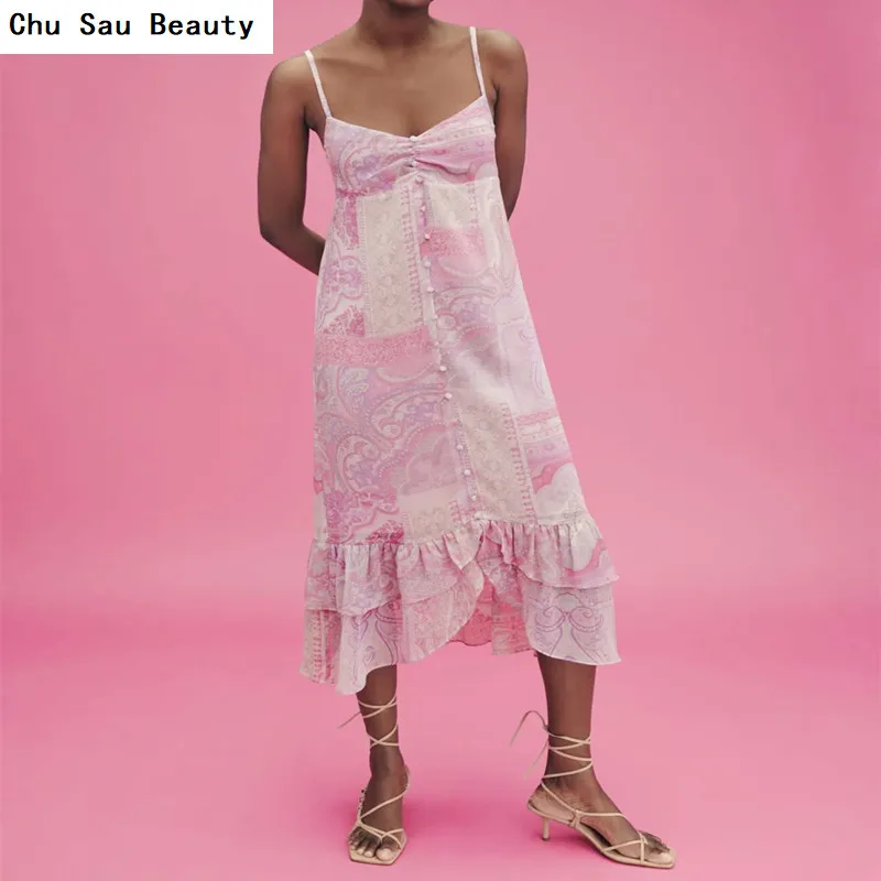 

2021 Summer Za Women's Fashion Retro Paisley Sexy Open Party Back Dress Ladies Thin Shoulder Strap Ruffled Asymmetric Midi Dress