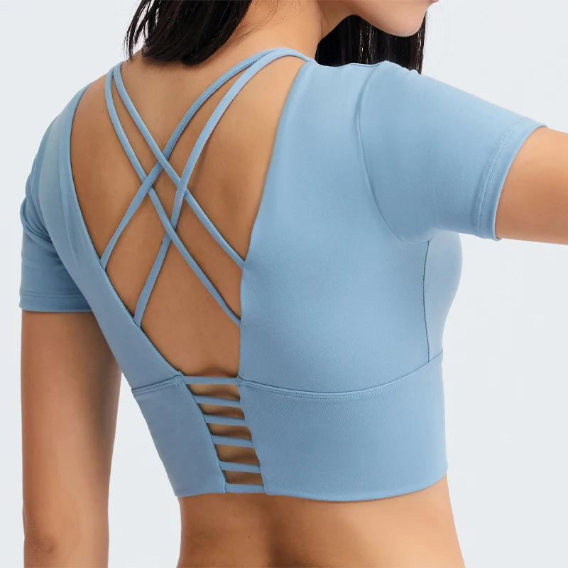 

"Nepoagym Women Workout Yoga Shirts Cross Back Athletic Sport Crop Tops With In Bra Medium Support "