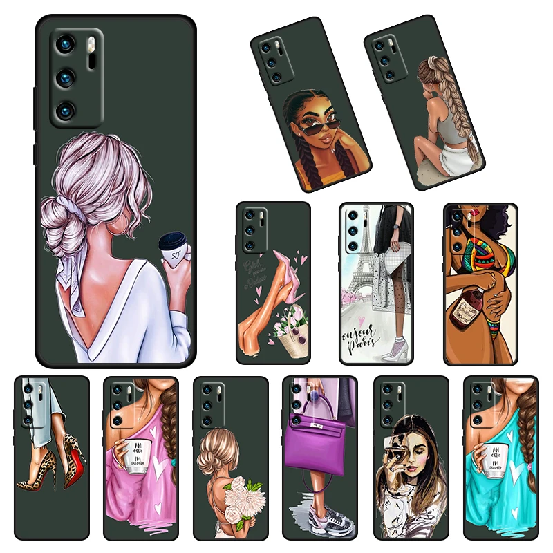 

Fashion Woman Girls Coffee For Huawei P50 40 30 20 10 9 Lite E Mini Pro 5G 2017 2019 Soft Silicone Black Cover Phone Case