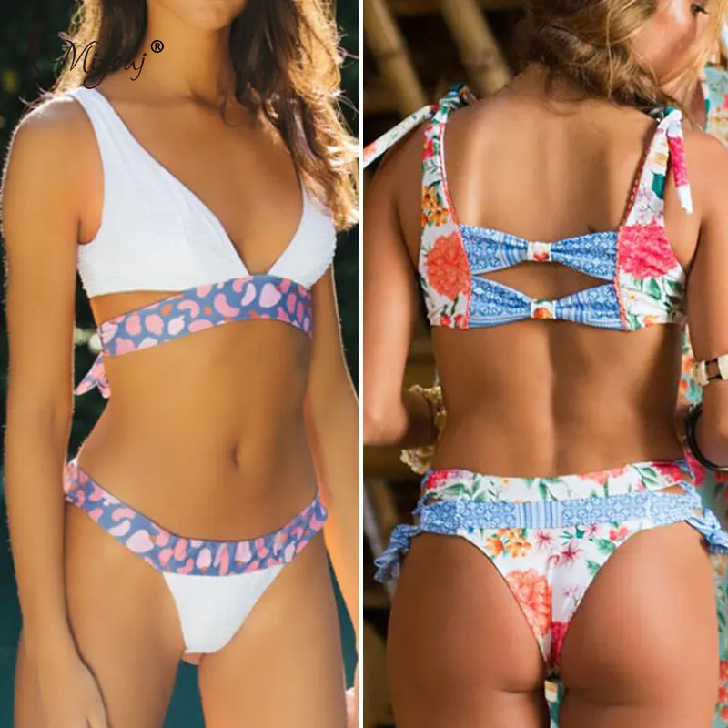 

Miyouj Deep V Neck Bikini Floral Print Swimsuit Biquinis Feminino NEW Bow Swimwear Lace Up Bikini Set Bathing Suit Women Bikins