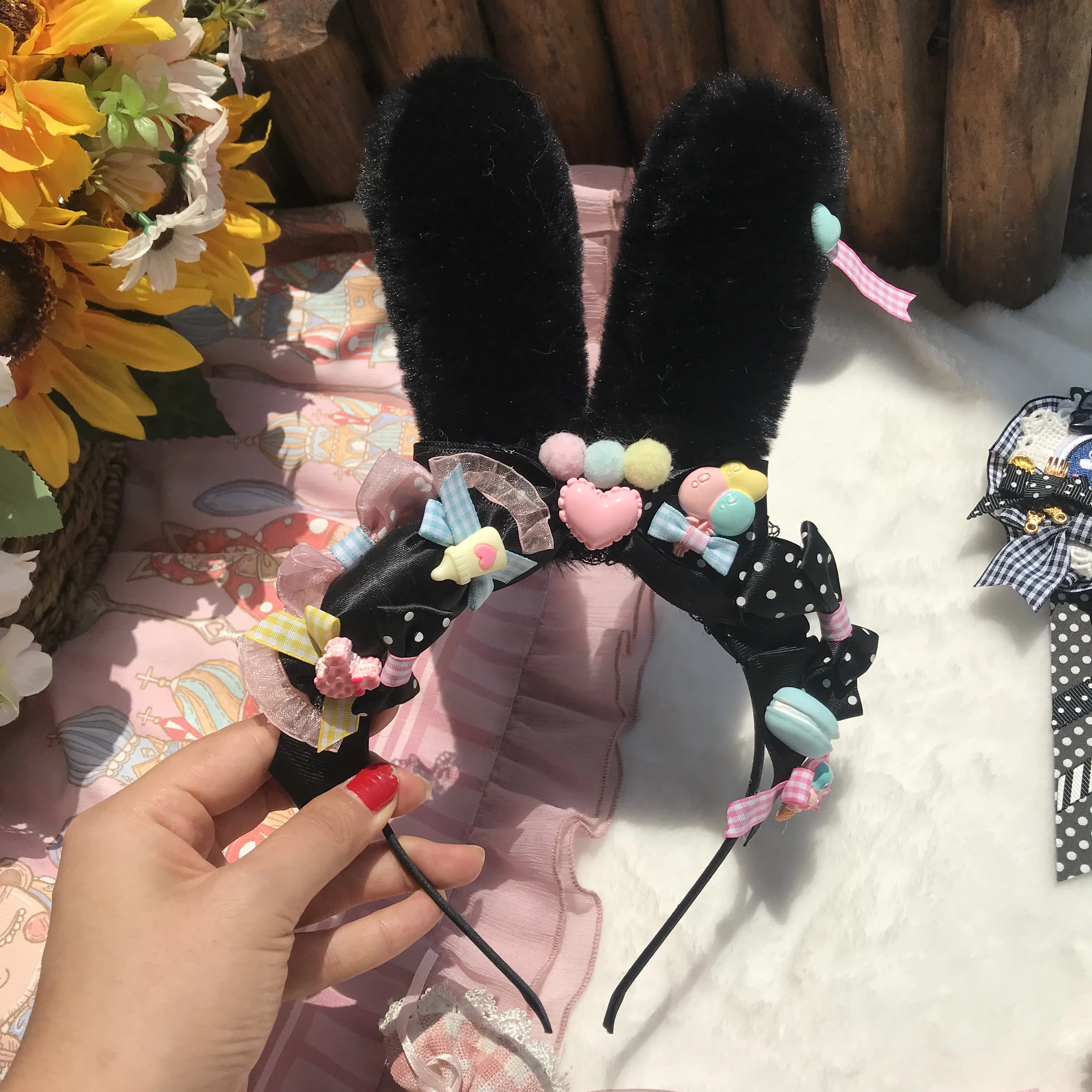 

Black Sweet Plush Rabbit Ears KC Hair Hoop Lolita Japanese Handmade Original Love Multiple Bowknot Headdress Hair Accessories