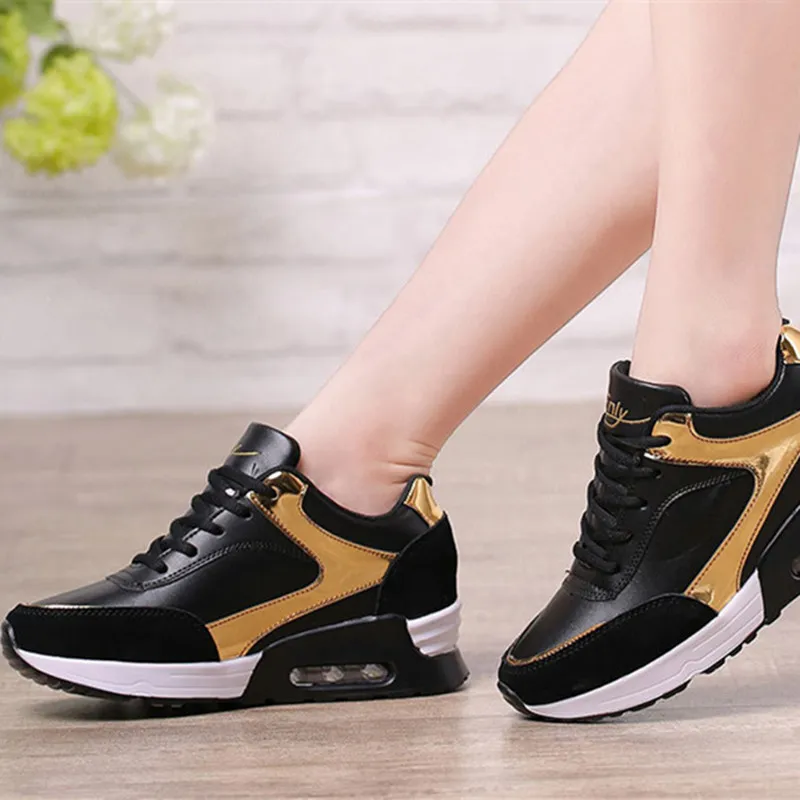 Bling Platform Wedge Sneakers Leather Casual Shoes for Women Black White Sneakers Lace-up Chunky Shoes Women Sport Sneakers