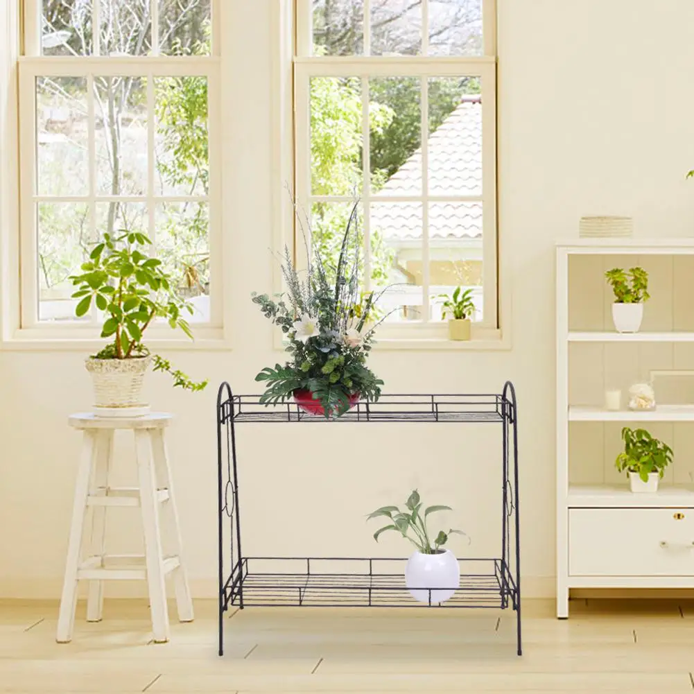 

2 Layers Flower Metal Shelves Plant Pot Rectangle Stand Artwork Decoration Wrought Iron for Indoor Outdoor Garden