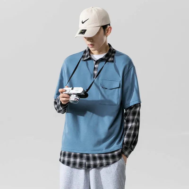 

Japanese Fake Two-piece Sweatshirt Men Korean Version Spring New Plaid Shirt Men Long Sleeve Tshirt Harajuku Streetwear Tops