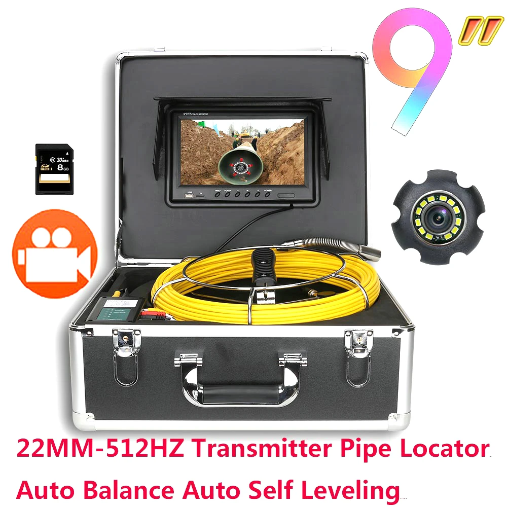 

9" DVR Sewer Pipe Inspection Video Camera with Auto Self Leveling 512HZ Transmitter Pipe Locator Endoscope System