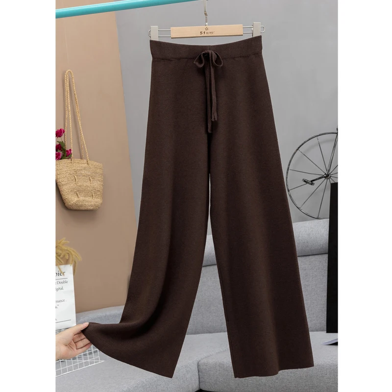 2021 New Women'S Wide-Leg Pants Thick Warm Knitted High-Waist Ankle-Length Pants Straight Casual Comfortable Women'S Pants
