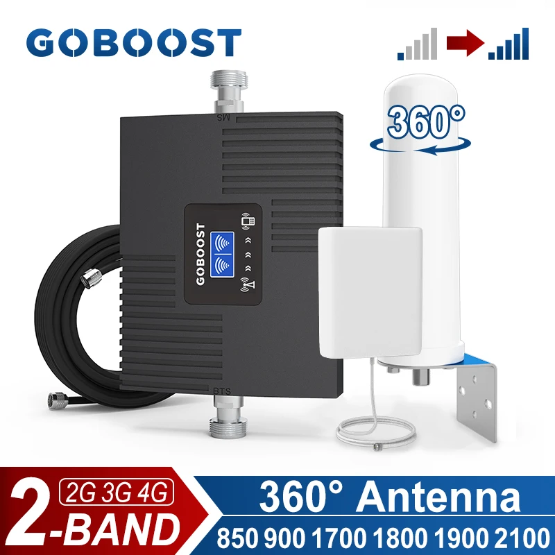 

GOBOOST 2 Band Signal Booster 2G 3G 4G Cellular Amplifier High Gain 850 900 1700 1800 1900 2100MHz Network Repeater 360° Antenna