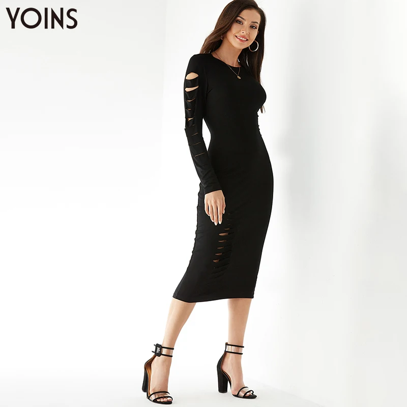 YONIS 2020 женское осенне зимнее облегающее Платье макси с круглым вырезом и вырезами