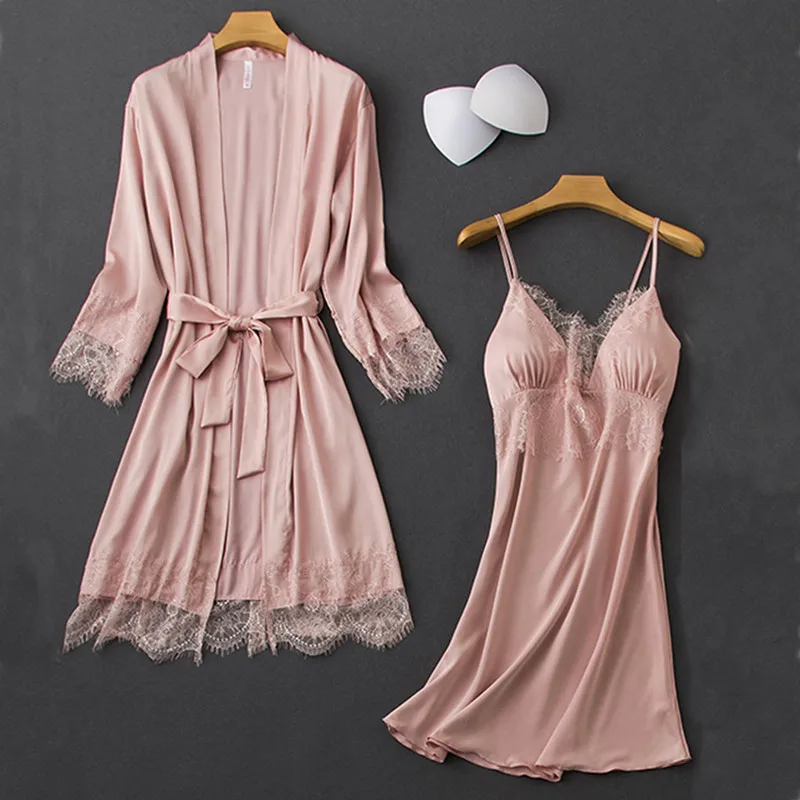 

Honeymoon Sexy Faux Silk Dressing Gowns Winter Luxury Lingerie Bathrobe Kimono Women Femme Robe Dress for Sleep Home Robe 2020