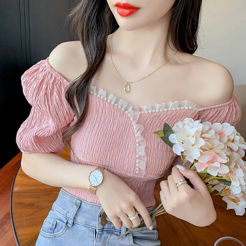 

2021 Summer New Design Mesh Short Puff Sleeve Elastic Loose One Shoulder Top Sexy Noble Lady Dating Office Shirt Woman Clothes