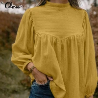 2022 celmia stylish tops autumn women blouses dobby half high collar puff sleeve shirts casual loose solid tunic party blusas