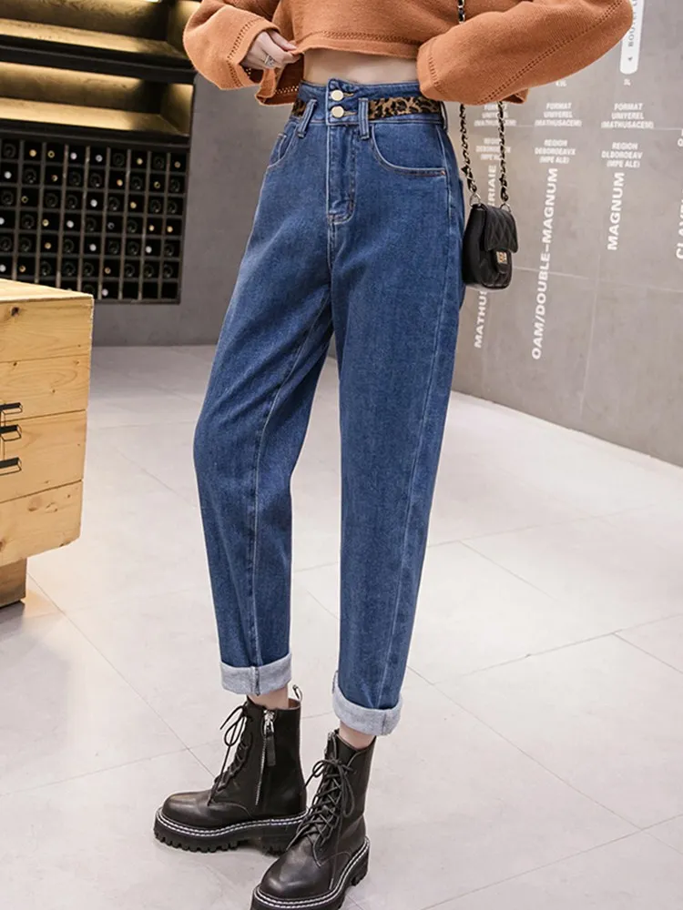 JUJULAND woman casual jeans Straight leg high waist with leopard print winter warm quality 820 | Женская одежда