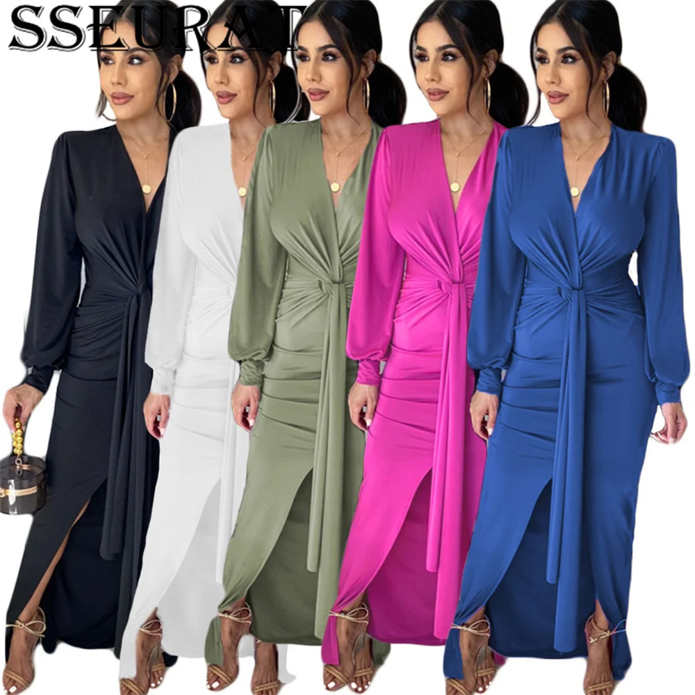 

Женское длинное платье SSEURAT, Модные осенние однотонные сексуальные эластичные облегающие вечерние платья для ночного клуба