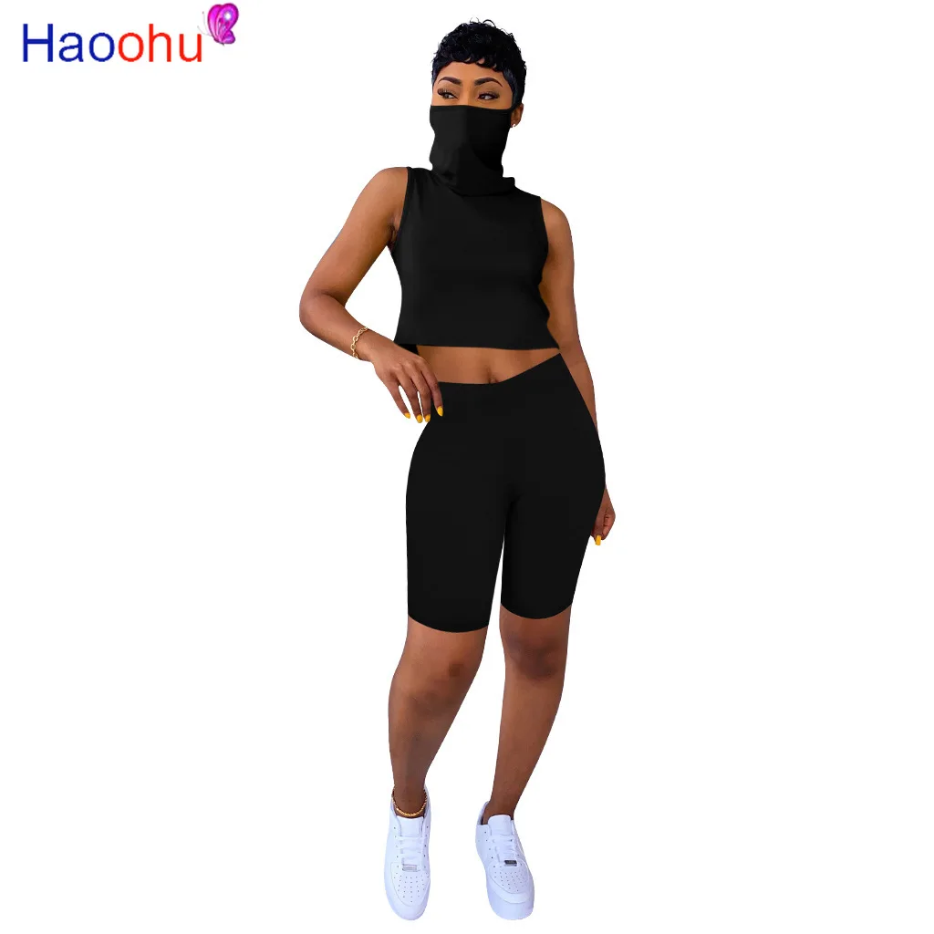 

HAOOHU/комплект из двух предметов; Женский спортивный костюм; Летняя одежда; Укороченный топ с маской для фитнеса и байкерские шорты; Спортивны...