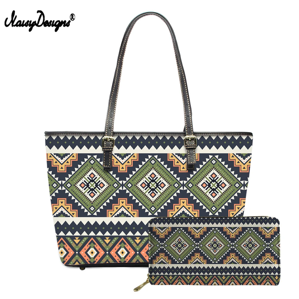

NOISYDESIGNS Vintage Leather PU Handbag Set and Purse Ethnic Tribal Print Shoulder Bag Fashion Luxury Tote Bag for Women Bolsa