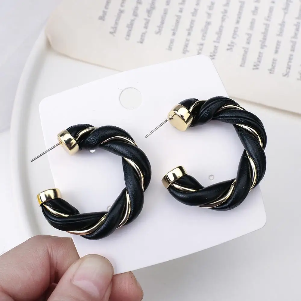 

AENSOA 2020 New Weave Metal Leather Twisted Hoop Earrings Vintage Black White C Shape Circle Earrings for Women Girls Jewelry