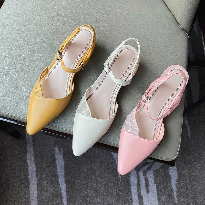

MEMUNIA 2020 new arrive women sandals top quality genuine leather shoes pointed toe mesh square heel summer sandals ladies