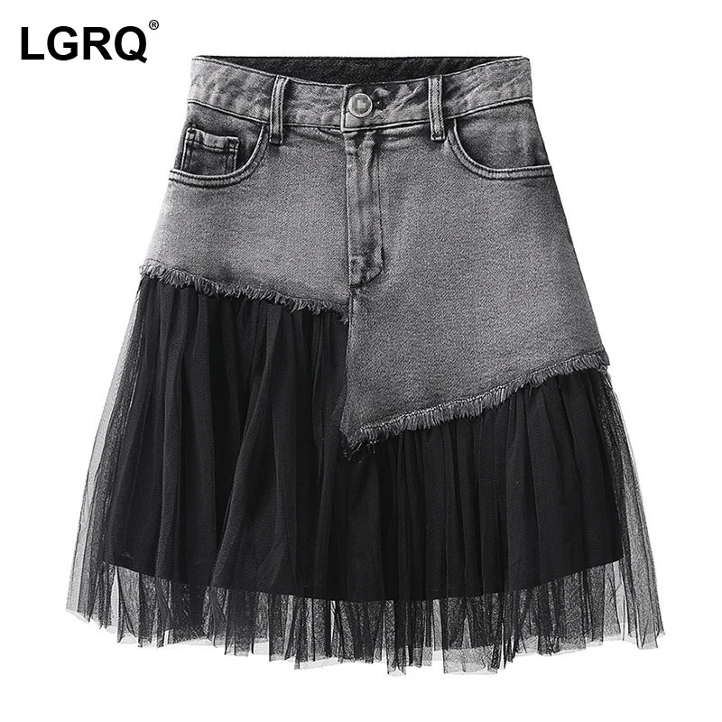 

[LGRQ] High Elastic Waist Half-body Black Asymmetrical Mesh Patchwork Denim Mini Skirt Women Tide New Spring Summer 2021 19D776
