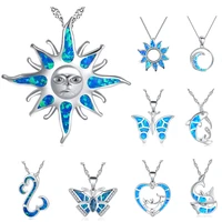 boho womens sun flower whale butterfly pendants necklaces blue fire opal stone necklace fashion silver color wedding jewelry