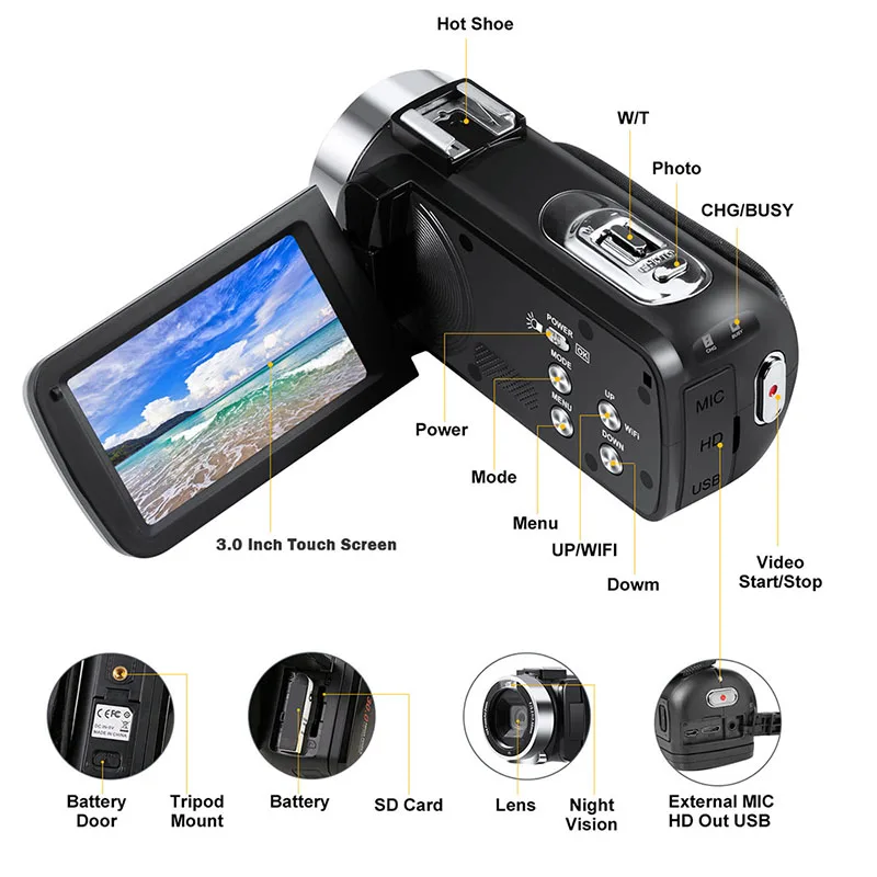 

Full HD 2.7K Video Camcorder Camera 1080P Vlog Camera 30MP 16X Digital Zoom LCD with Noise Canceling Microphone