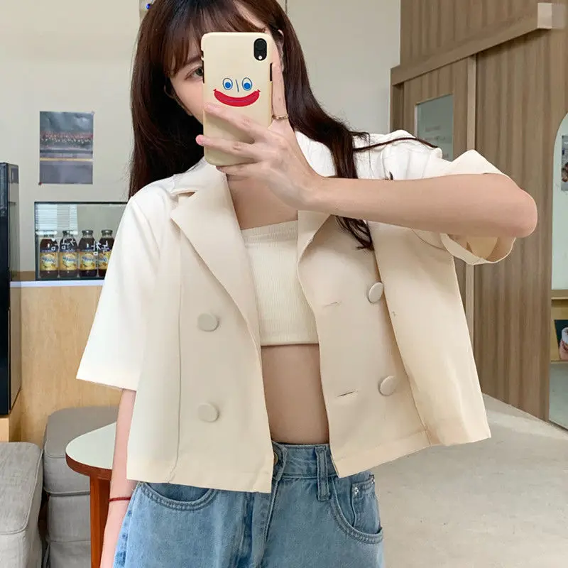 Женский двубортный блейзер с отложным воротником повседневный укороченный