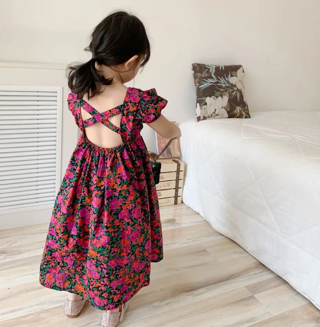 

2021 Summer New Arrival Girls Fashion Floral Dress Kids Back Cross Dresses
