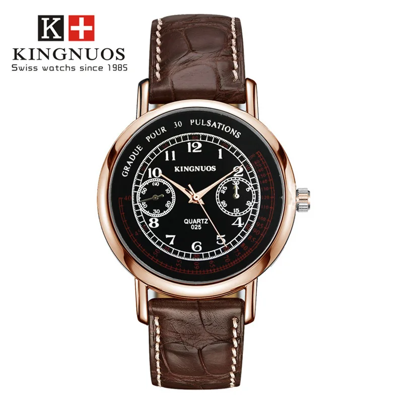 Brown-Rose-Black Kingnuos модные повседневные брендовые Роскошные Кварцевые часы кожаные деловые Reloj водонепроницаемые мужские наручные часы юбилейные подарки для мужчин - Цвет: Brown-Rose-Black